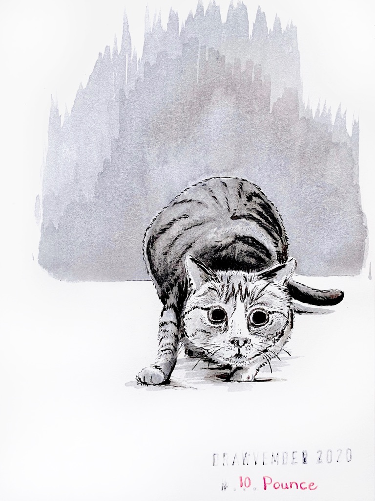 Grey and black ink drawing of a cat with very dilated pupils, ready to pounce.