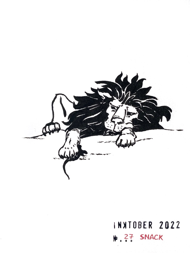 Black ink drawing of a lion lazily playing with a mouse under his front paw