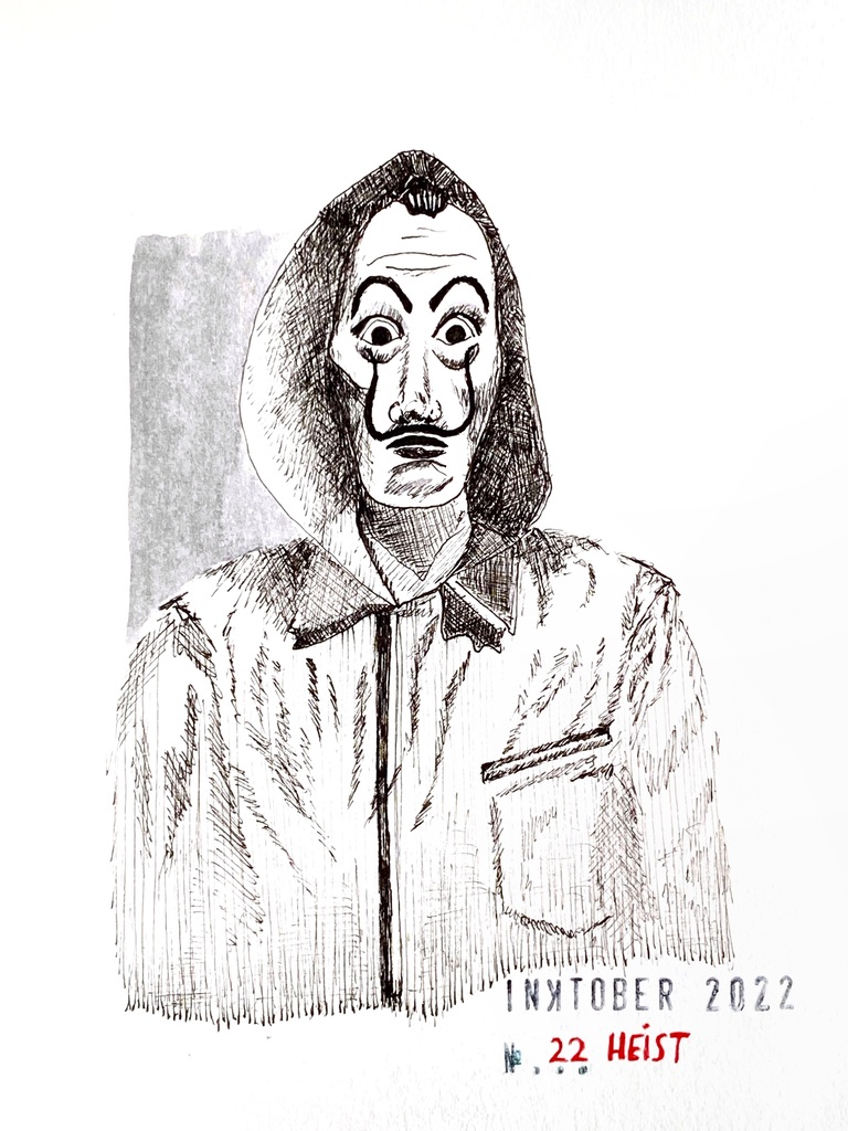 Black ink drawing of a figure in overall wearing a Dali face mask and a hoodie