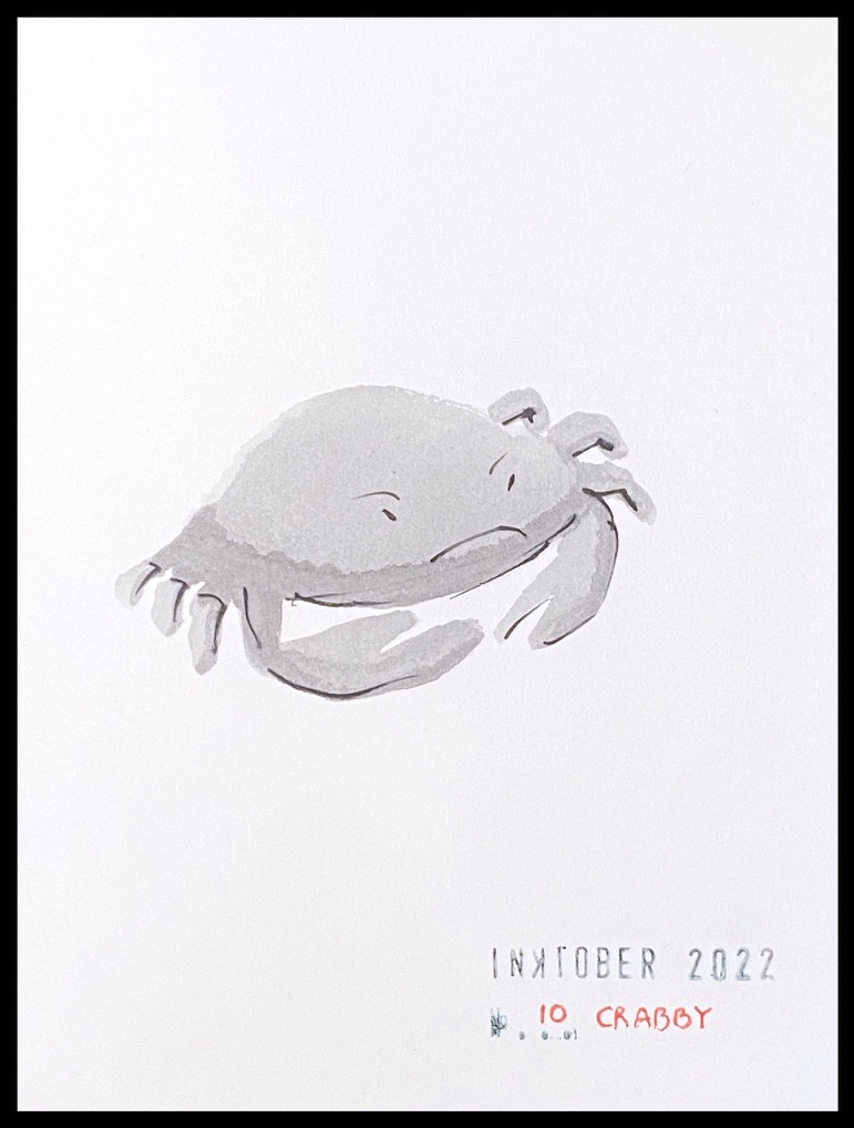Black and grey ink drawing of a simple crab