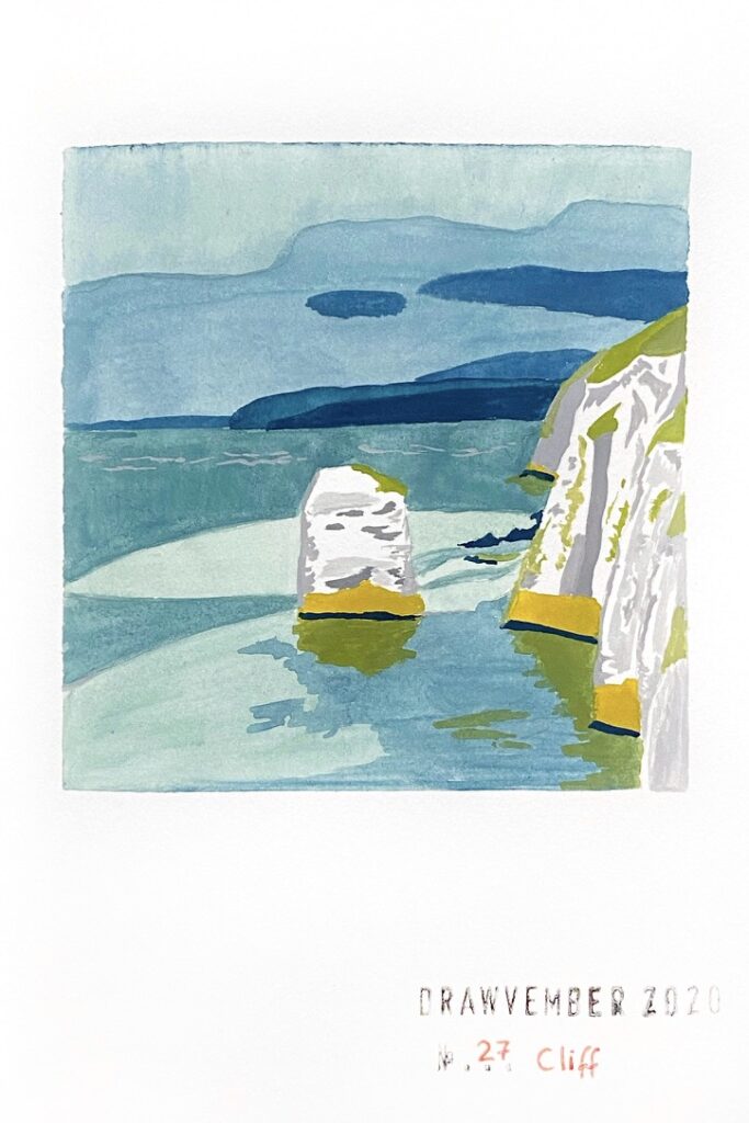 Gouache painting of white cliffs by the sea