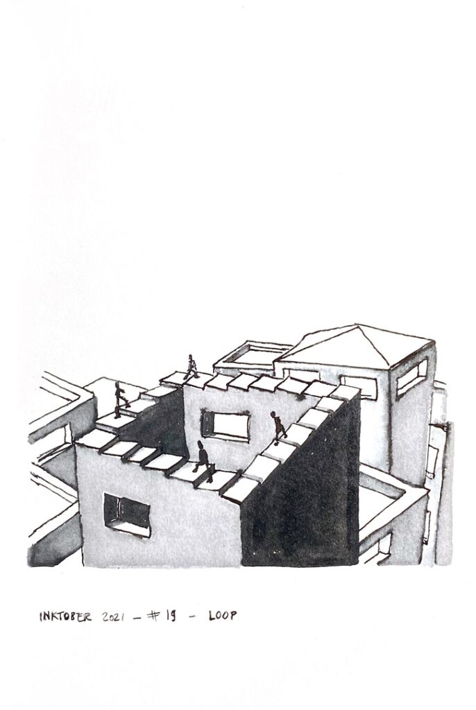 Black and grey ink drawing showing an optical illusion of a building with stairs at the top where people go in an infinite loop