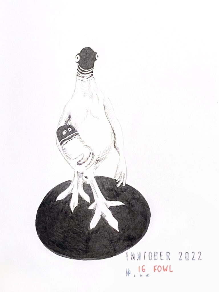 Black ink drawing of a creature standing up on two large chicken feet, a black head with large eyes at each side, with long arms, holding a baby version of itself