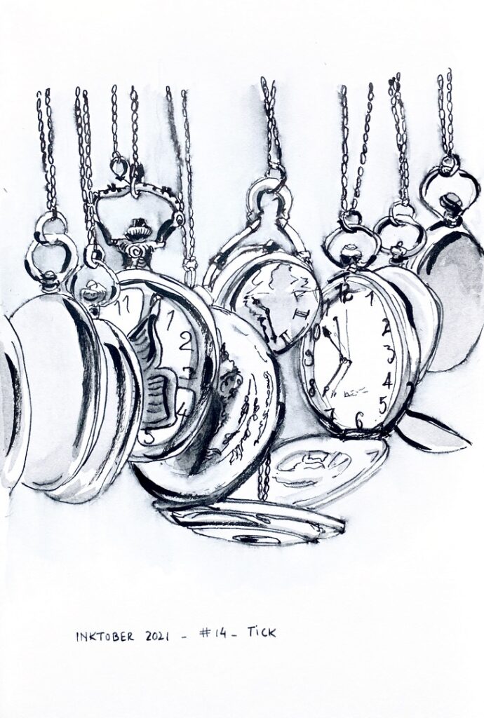 Black and grey ink drawing of a series of watches