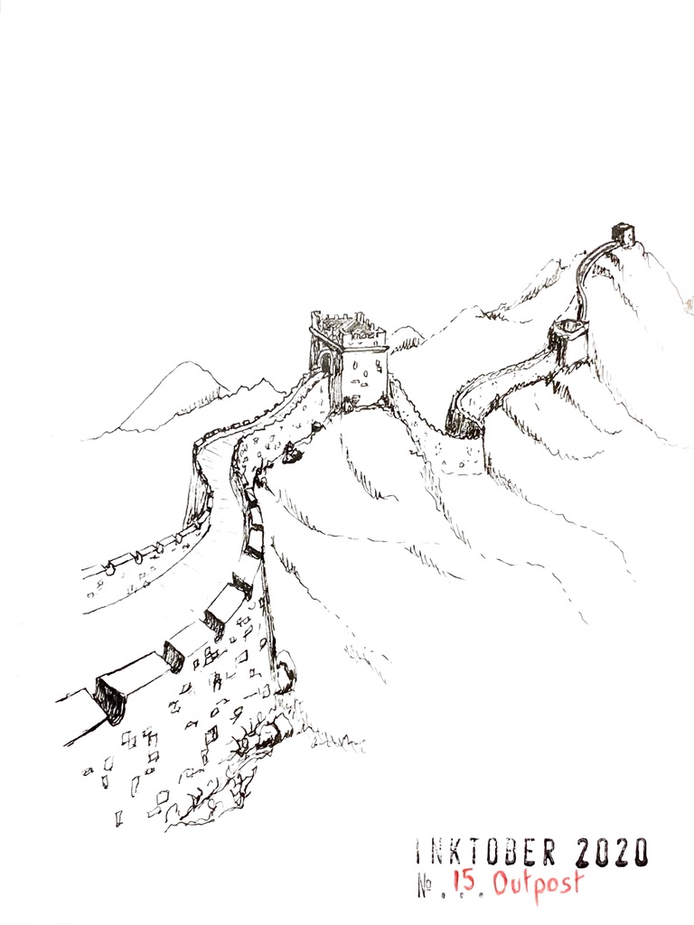 Black ink drawing of the great wall of China slithering in the distance, with three outposts.