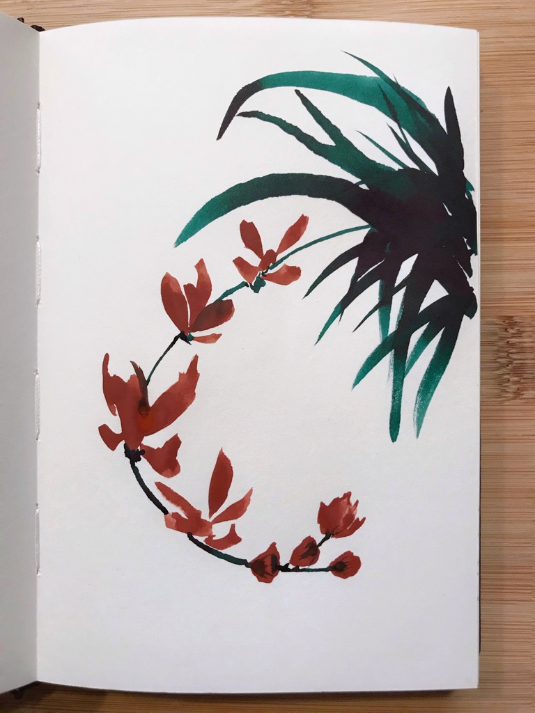 Ink and gouache painting of an orchid where a long curved stem with red flowers and buds emerges from a mass of long green leaves.