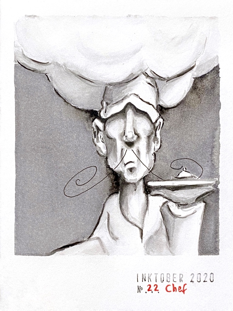 Black and grey ink drawing in cartoon style of a chef with a long thin curly moustache and a huge chef hat that looks like a cloud and covers his eyes, holding a small platter with a tiny pastry on it.