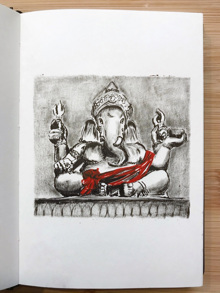 Black ink drawing of a statue of Ganesha, the elephant with a human's body and four arms.