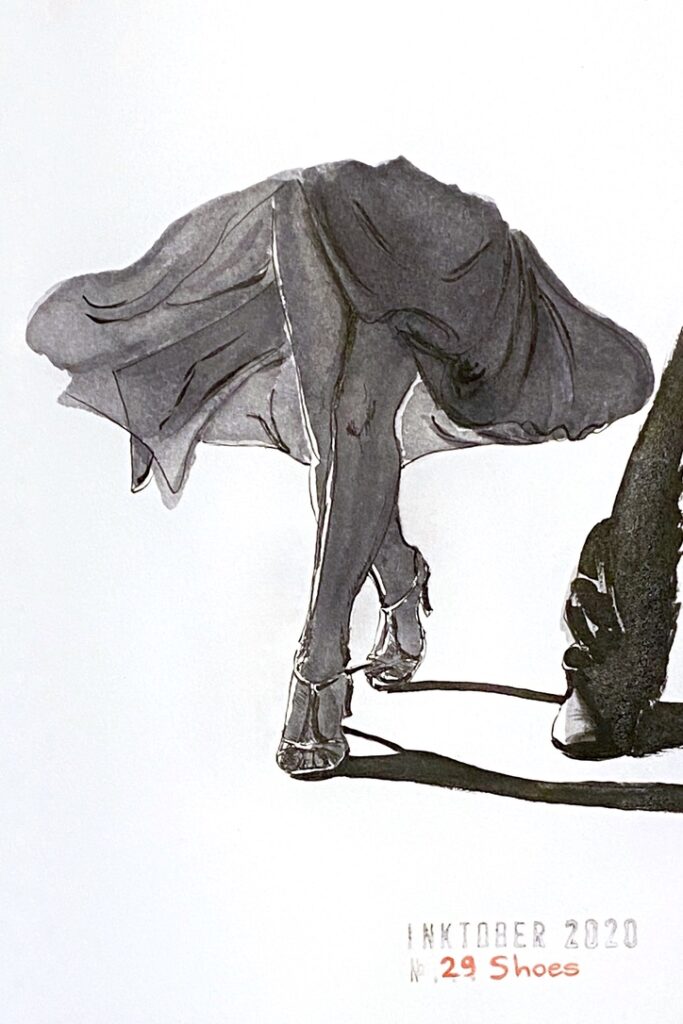 Black and grey ink drawing of the feet, legs and dress of tango dancers.