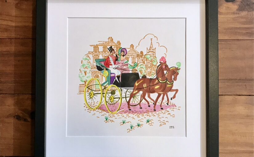 Square black wood frame and white mount card around the coloured markers drawing of Soldier and Lady in a carriage drawn by two brown horses on cobblestones. In the background are facades in light brown of posh houses and some vegetation.