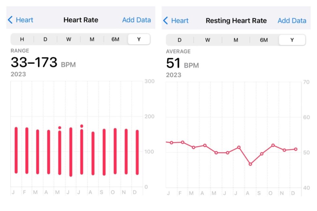 Two graphs: heart rate ranging from 33 to 173 in 2023. The other graph is the resting heart rate one and shows an average at 51 bpm with max at 53 and min at 47.