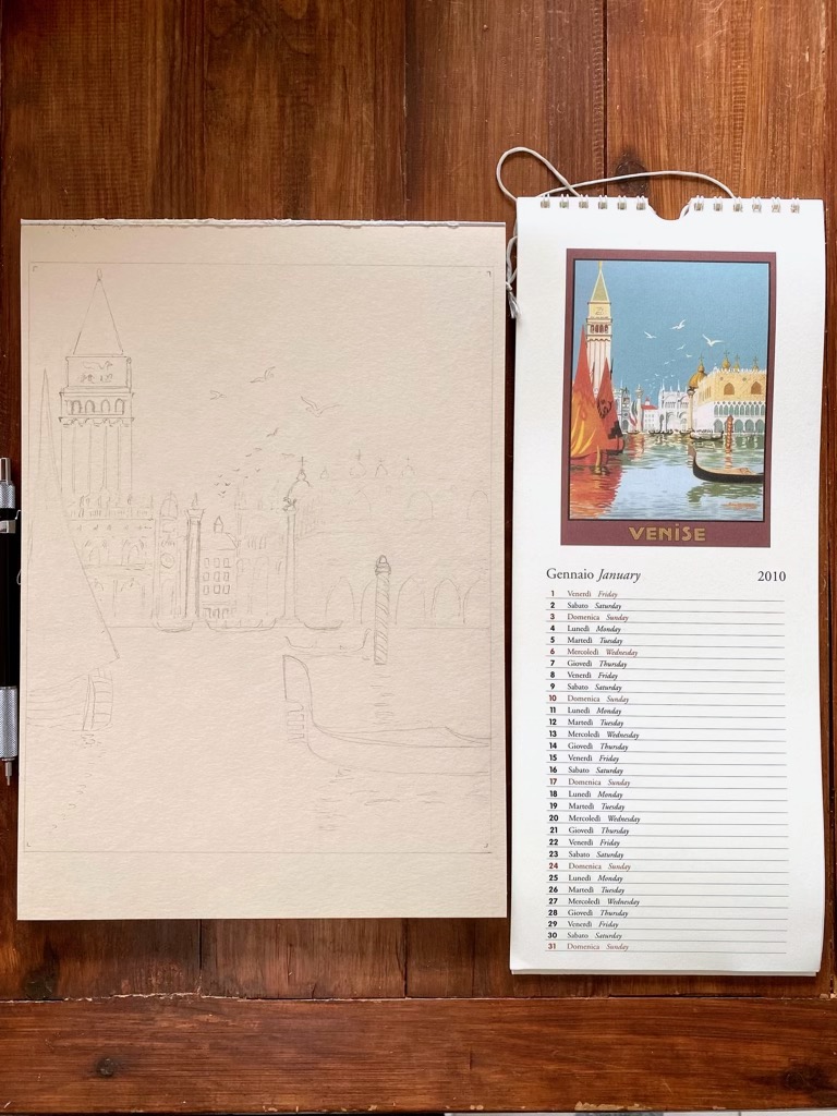 Precise pencil sketch on a large paper pad of a Venice scene with gondolas and sailboats in front of the Piazza San Marco, next to the reference image in a 2010 calendar