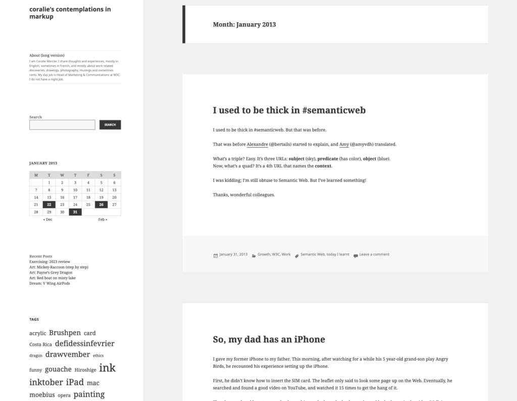 Screenshot of a wordpress blog with Twenty Fifteen theme in white and light grey