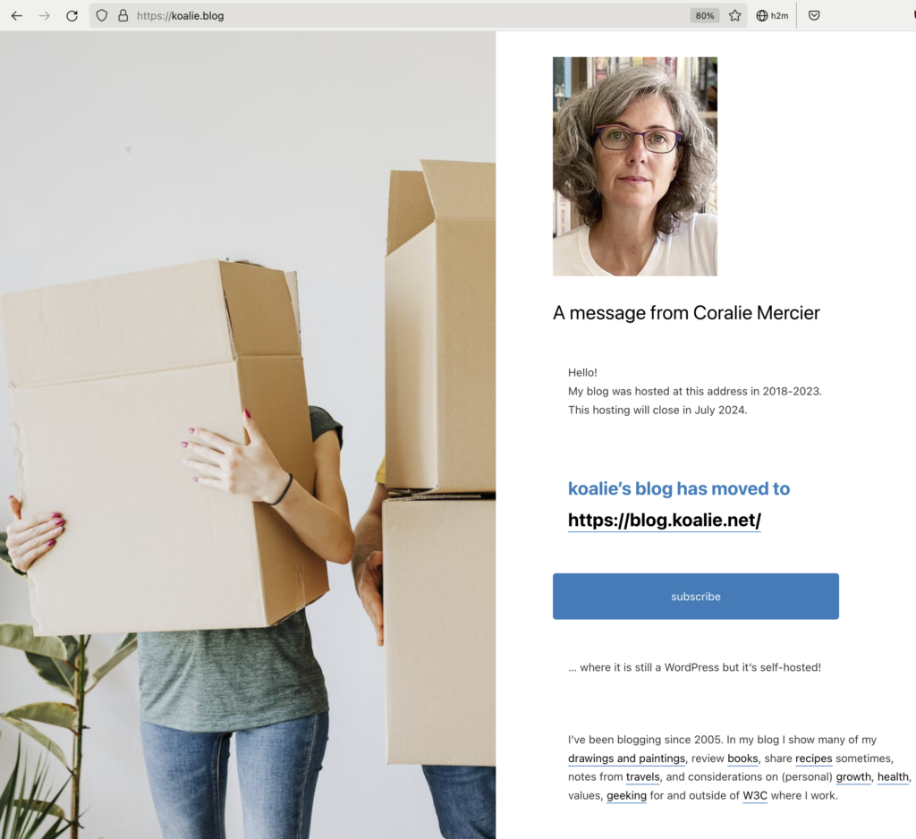 Screenshot of a static page showing an illustration of people carrying cardboard boxes next to a message with my picture announcing the blog has moved