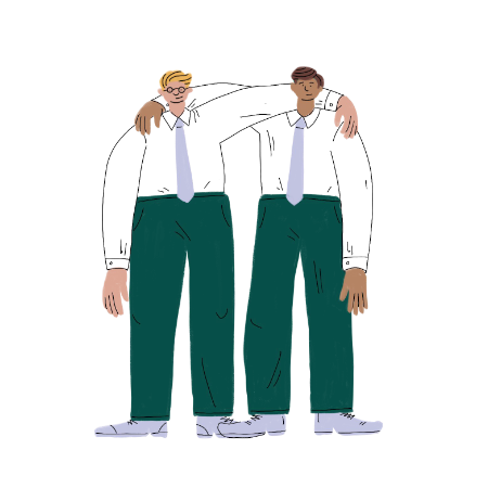 Illustration of two men dressed alike and holding each other by the shoulder