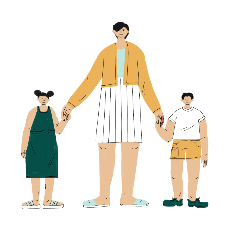 Illustration of a woman holding hands with children at her sides