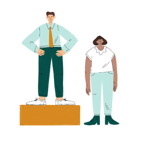Illustration of a man standing up on a box next to a woman standing up on the ground