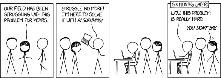xkcd comic 1831: Our field has been struggling with this problem for years. [one person grabs a computer and exclaims:] 'struggle no more: I'm here to solve it with algorithms!' [person at computer while others watch] last vignette, 6 months later: 'Wow, this problem is really hard,' says the person at the computer. 'You don't say.' answers the other person.