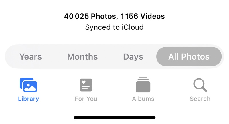 Screenshot of the bottom part of the Photos app showing the total count of images (40025) and videos (1156)