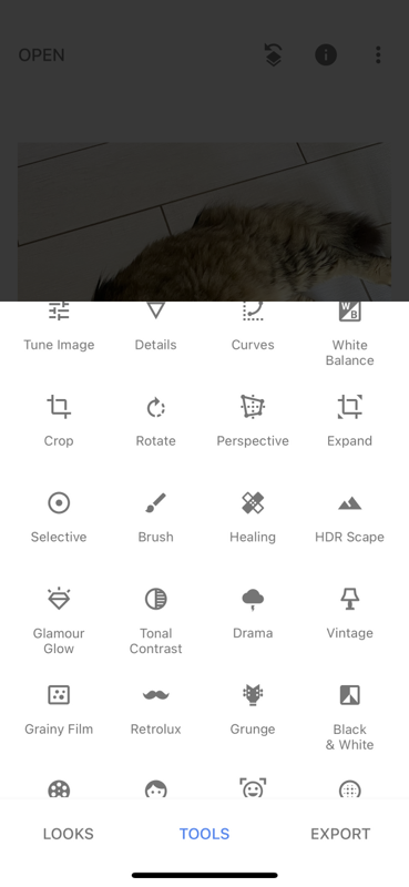Screenshot of the Snapseed app open to the tools tab