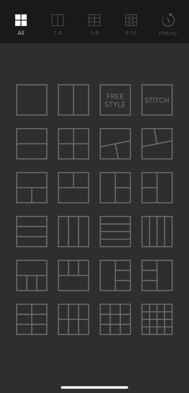 Screenshot of the Moldiv app screen to choose from 24 different layouts to stitch images together