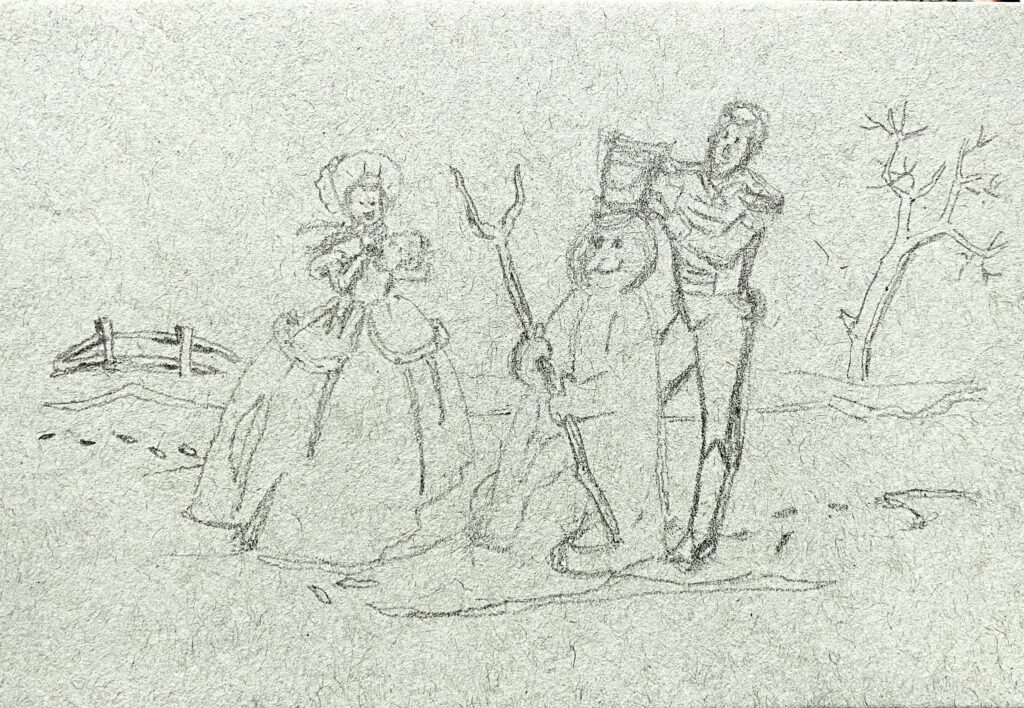 Rough pencil sketch on grey toned paper of a woman in long dress and man in uniform making a snowman