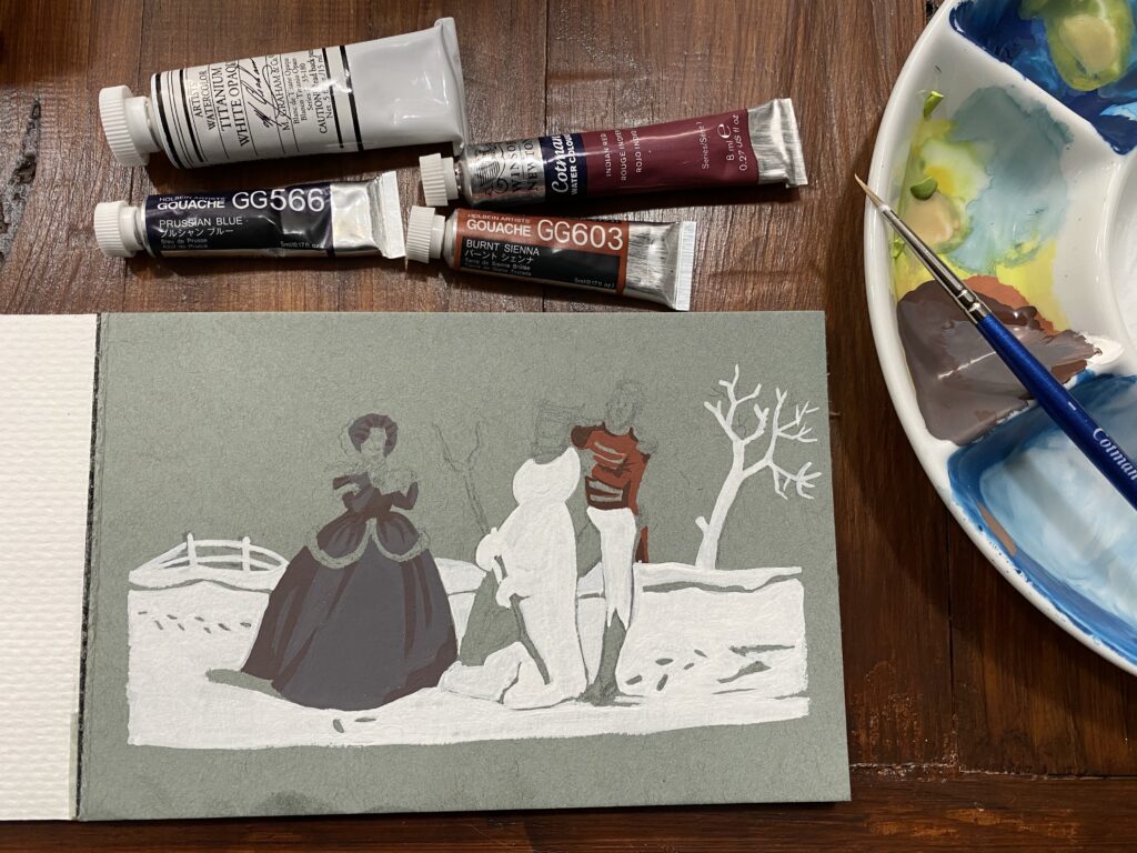 Paper pad, paint tubes, palette and brush. I've started to paint the dress and uniform, and the snow