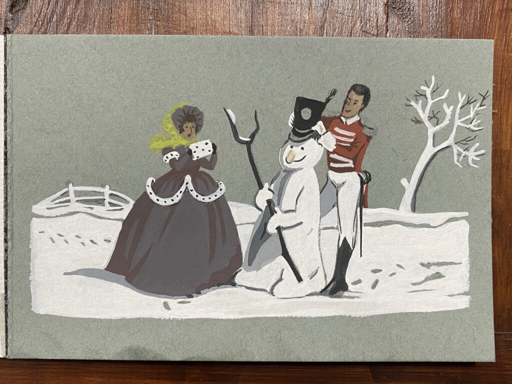 Both characters and the snowman are painted, the tree and fence as well.