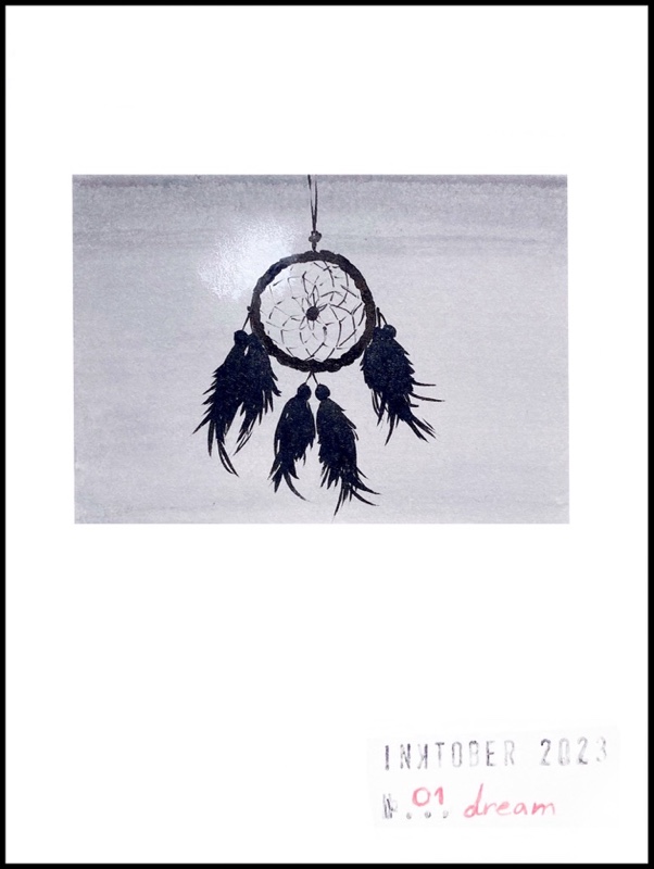 Black ink drawing of a dream catcher against a grey background