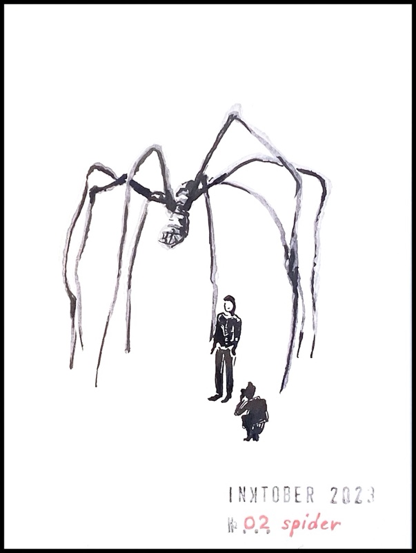 Black and grey ink drawing of the “Maman” sculpture by Louise Bourgeois which is a giant metallic spider. Someone is standing up under it and someone else is crouching to take a picture.