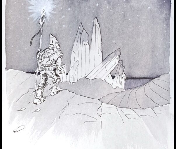 Black and grey ink drawing of a character seen from behind, wearing a helmet and carrying a long staff whose top is shining. The man climbs up a ridge from which a cluster of tall crystals are visible. The sky is clear, dark and starry.