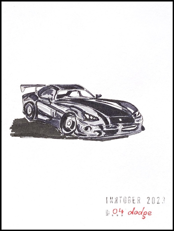 Black ink drawing of a sports car