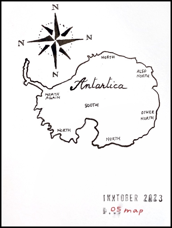 Black outline of Antarctica and a compass all showing the north