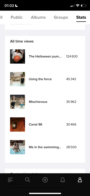 Screenshot of the Flickr app showing the all-time views, the 1st photo has had over 124K, 2nd 45K, 3rd 36K, 4th 30K, 5th 28K. All but the 4th are photos picturing me.