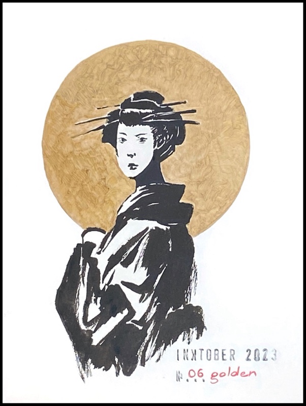 Black ink drawing of a Japanese woman in traditional outfit and hair style. A large golden circle is around her head.