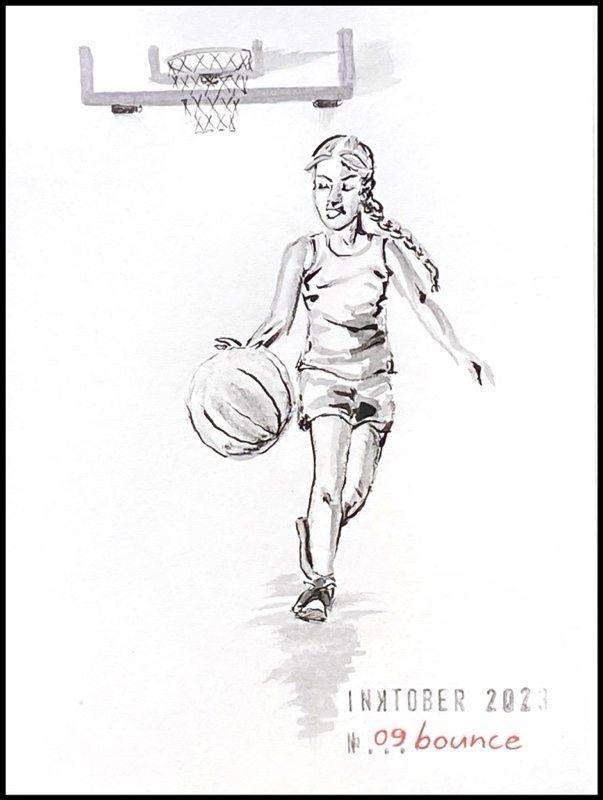 Black and grey ink drawing of a girl bouncing a basketball