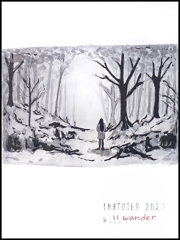 Black and grey drawing of a person with long hair and a coat, seen from behind, standing in a snowy forest, looking at the foggy nothing at the end of the path.
