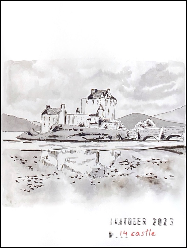 Grey ink drawing of a castle on a small island and its reflection in a lake on a grey cloudy day