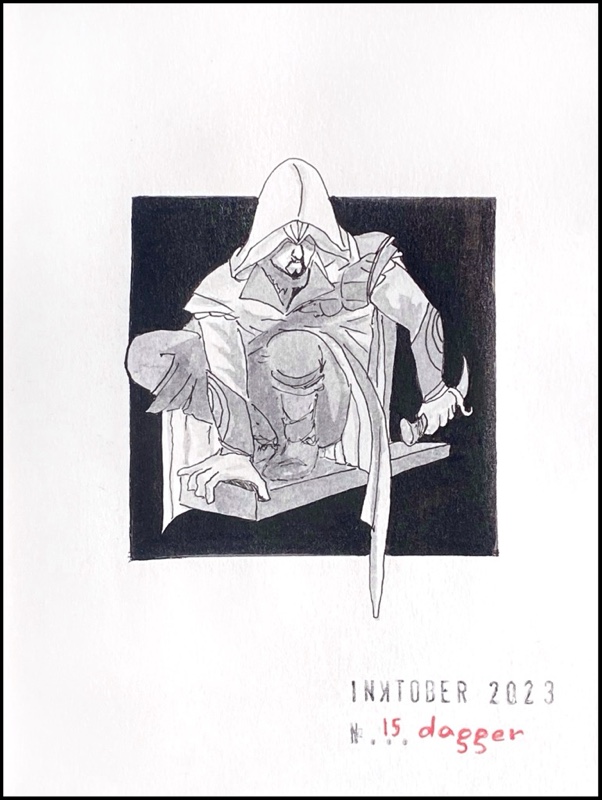 Black and grey ink drawing of a hooded crouching character carrying a dagger