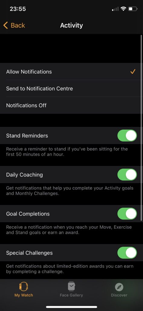 Screenshot of the Apple Watch settings on iphone showing every coaching toggles activated / Copie d'écran des réglages Apple Watch sur iPhone montrant chaque fonction coaching activée