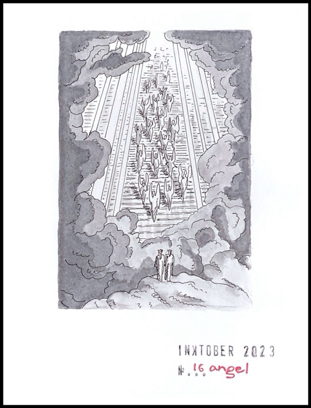 Grey ink drawing of a two robed and crowned characters standing on clouds and looking through an opening in more clouds at a series of angels climbing down what look like long stairs