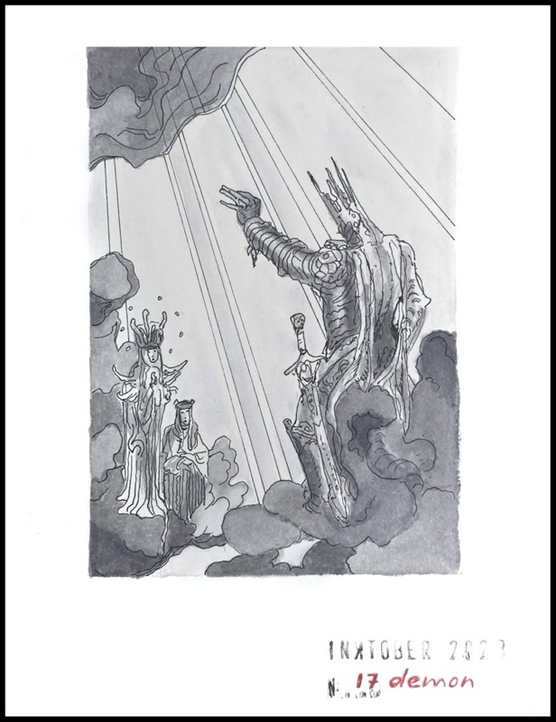 Grey ink drawing of a crowned muscular armored male-looking character seen from behind, standing on a cloud and carrying a sheathed sword, with the left arm raised seemingly casting a spell on two people on the cloud opposite: a standing madonna holding a child and a seated robed and crowned man.
