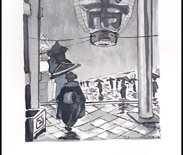 Black and grey ink drawing of a plump Japanese woman in traditional attire seen from behind as she walks out of a shrine under a giant paper lantern and is headed toward a crowd of people carrying umbrellas