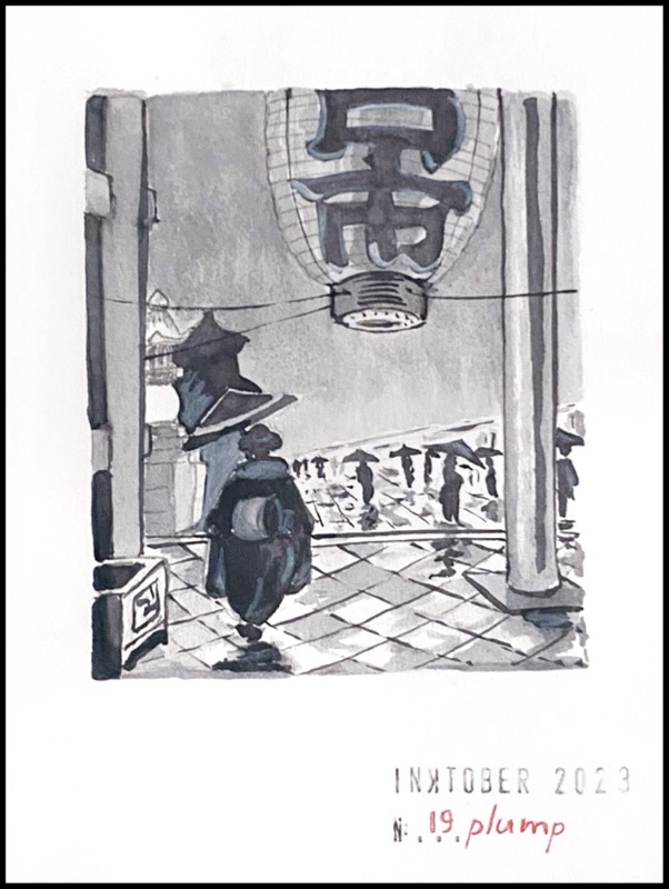 Black and grey ink drawing of a plump Japanese woman in traditional attire seen from behind as she walks out of a shrine under a giant paper lantern and is headed toward a crowd of people carrying umbrellas