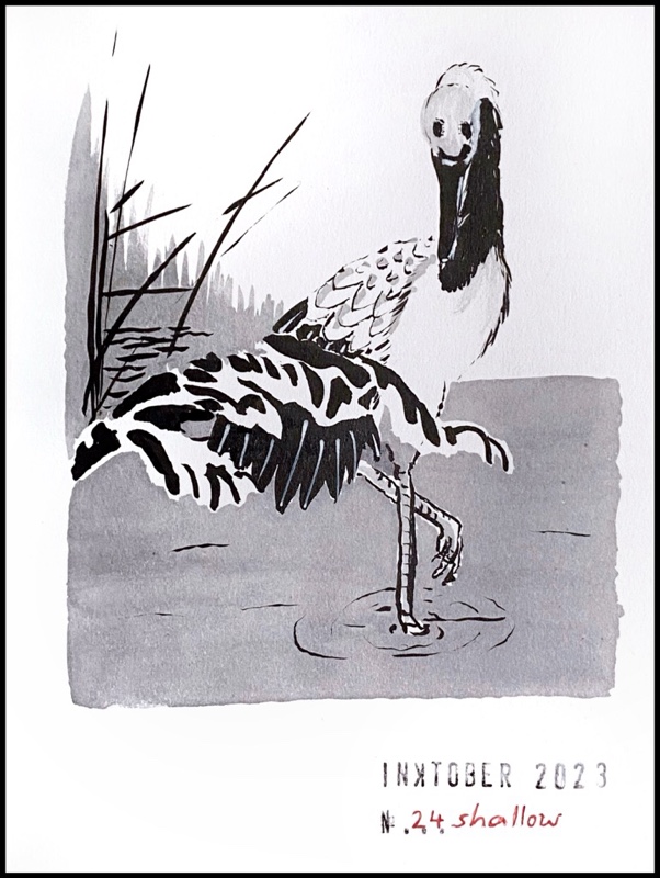 Black and grey ink drawing of a Japanese crane standing in shallow water next to a branch laden with snow