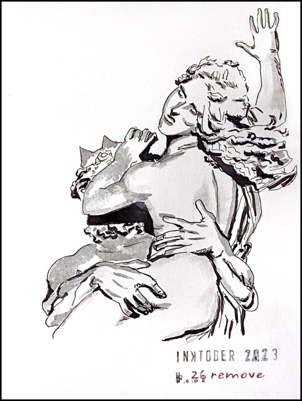 Black and grey ink drawing of the top of a marble sculpture by Bernini, of Pluto abducting Proserpina. The woman is being held at the waist and thigh and her arms are raised in protestation.