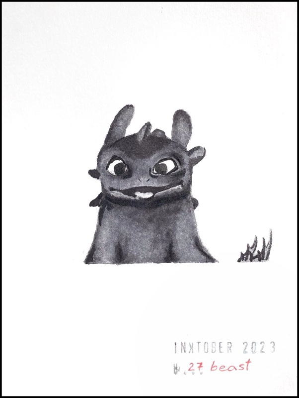 Grey and black ink drawing of the top of the body and head of Toothless, a silly-looking dragon, with tongue sticking out a bit.