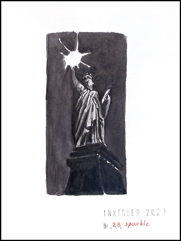 Black ink drawing of a night scene of the Statue of Liberty seen from underneath. The torch is shining like a star.