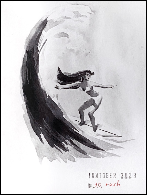 Black and grey ink drawing of a young woman surfing. She has long black hair flowing after her and wears a white bikini.