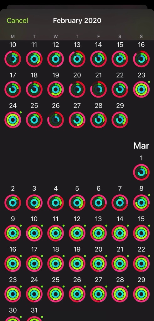 Calendar of the Fitness App for February and March 2020